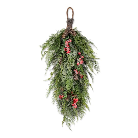 Glitzhome® 31.5" Christmas Greenery Frosted PE Teardrop with Pinecones & Red Berries